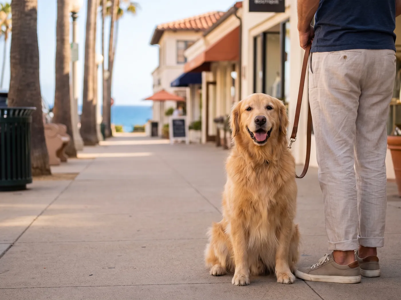 Golden retriever on a leash on a sunny sidewalk in a seaside village near a pet-friendly La Jolla hotel
