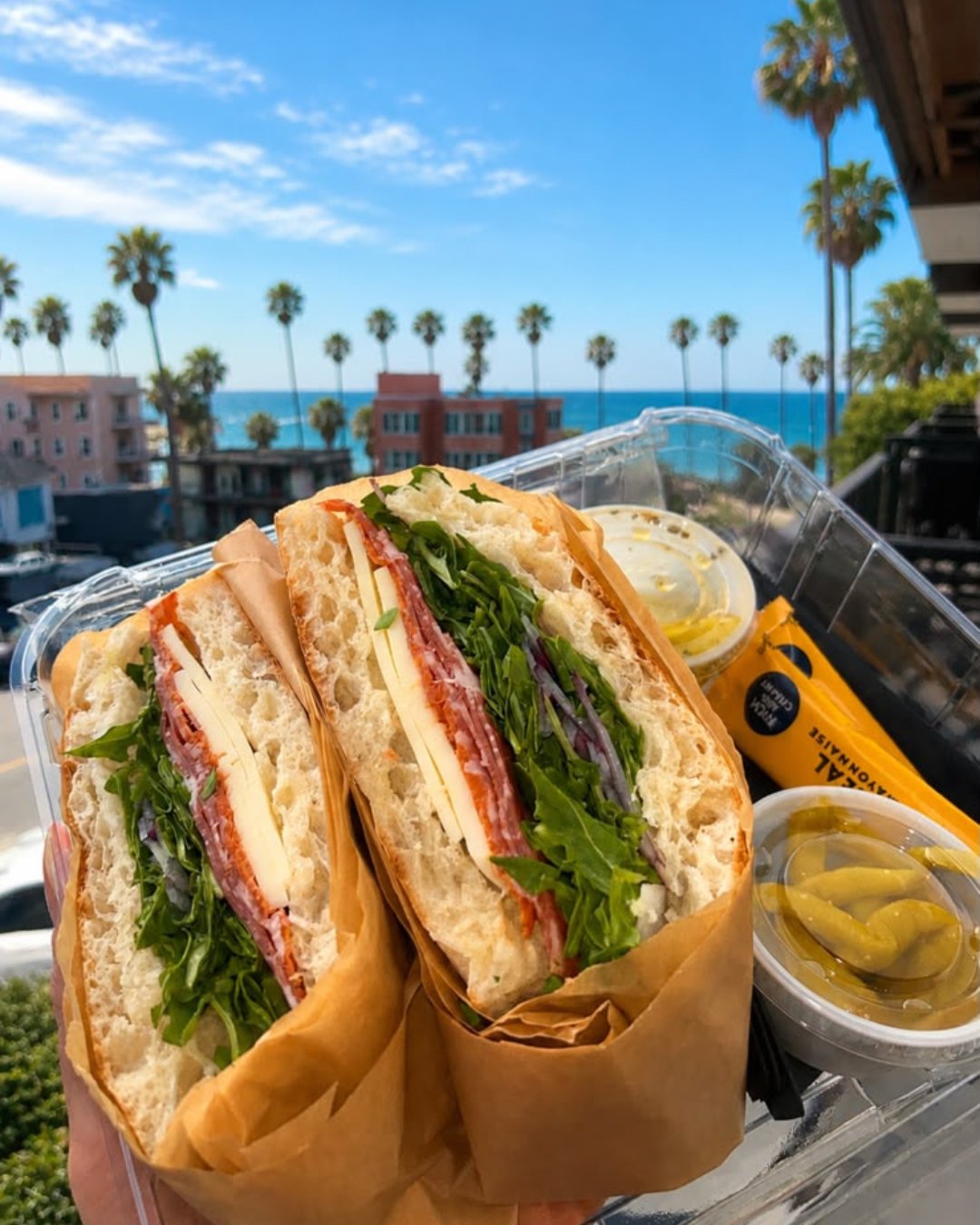 Birdseye Italian sandwich with La Jolla Cove ocean view, Prospect Market