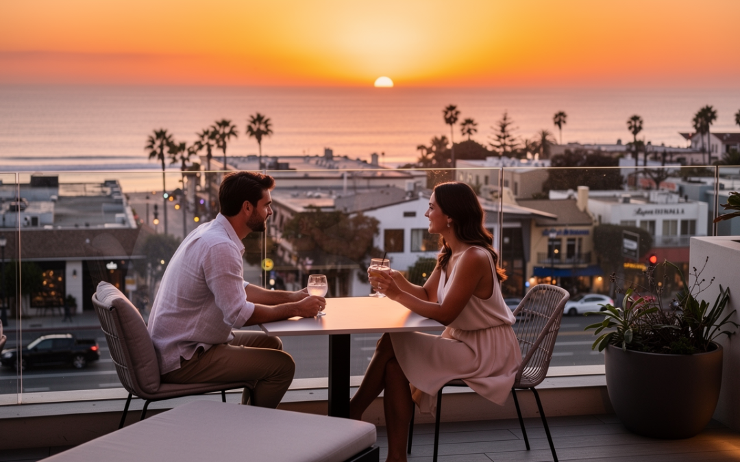 Boutique hotel near Pacific Beach on La Jolla coast with rooftop ocean views at sunset