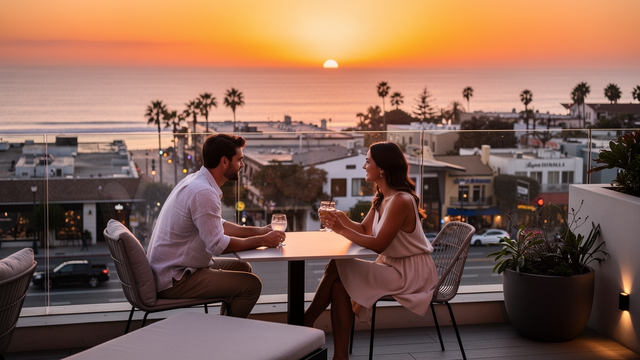 Boutique hotel near Pacific Beach on La Jolla coast with rooftop ocean views at sunset