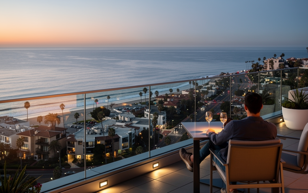 Boutique hotel near Point Loma in La Jolla with Pacific Ocean views at dusk