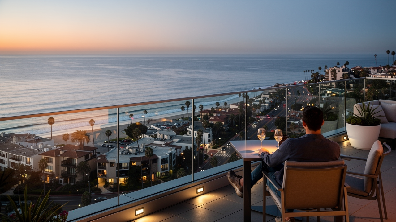 Boutique hotel near Point Loma in La Jolla with Pacific Ocean views at dusk