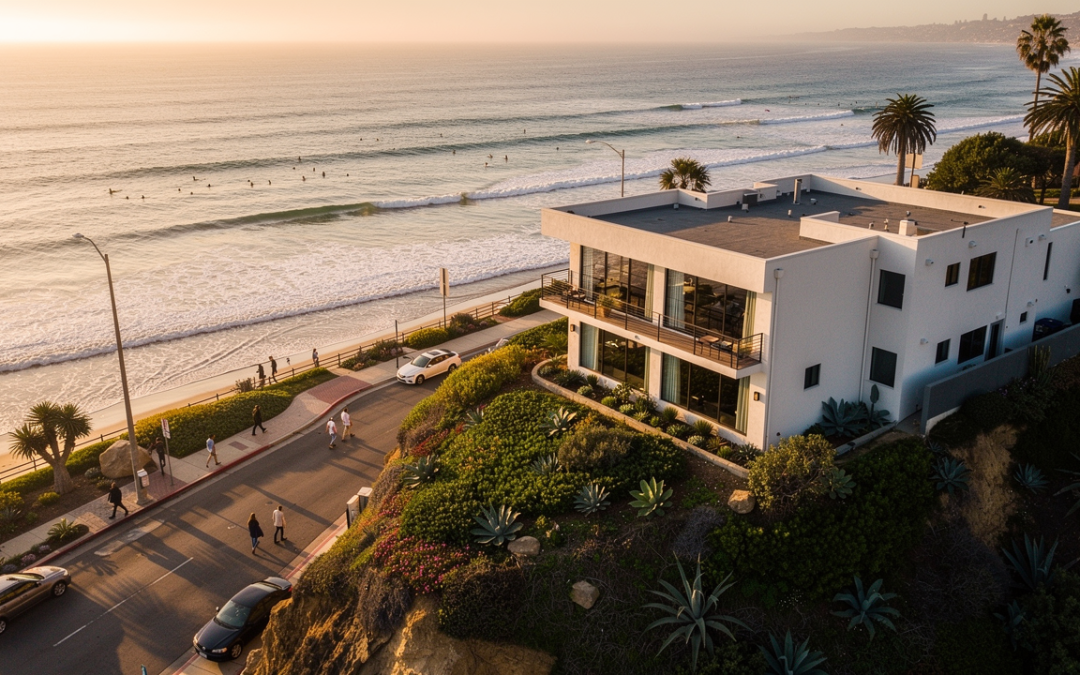 Aerial view of La Jolla boutique hotel near Del Mar on coastal bluff at golden hour