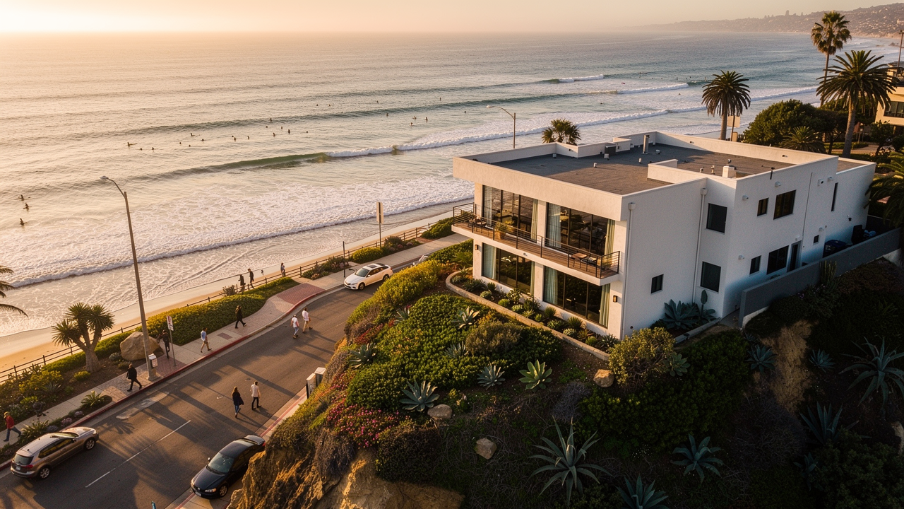 Aerial view of La Jolla boutique hotel near Del Mar on coastal bluff at golden hour