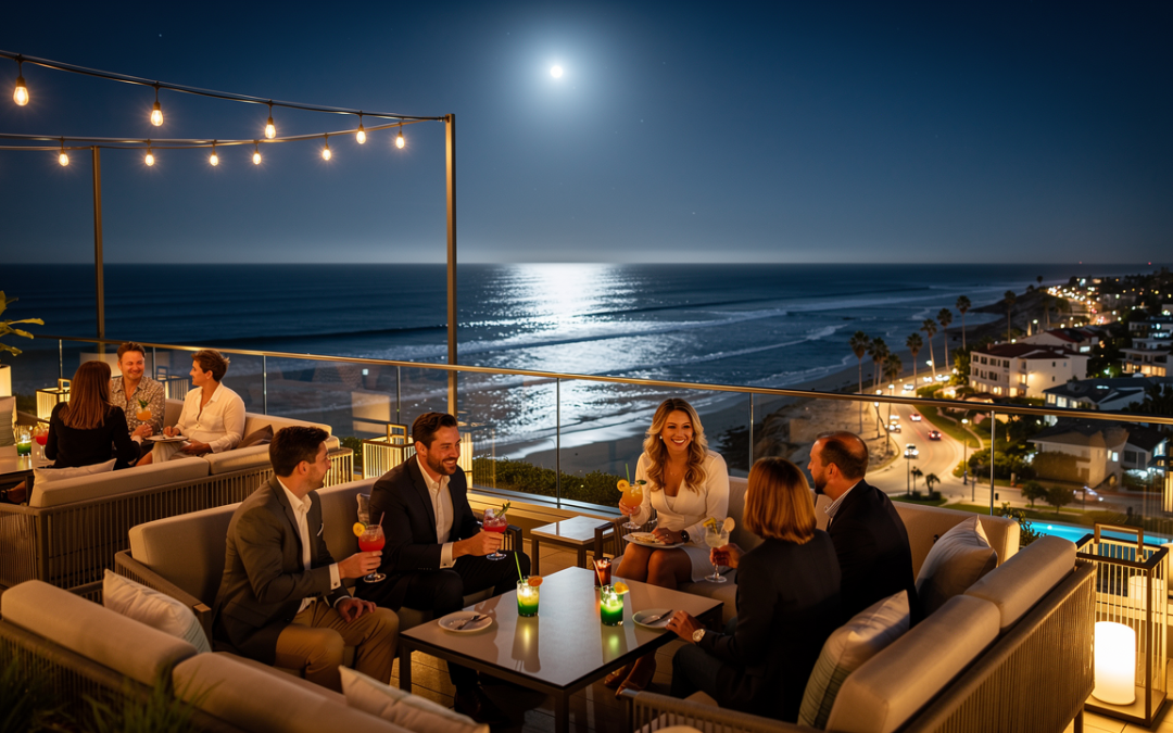 La Jolla boutique hotel rooftop bar near Gaslamp Quarter with Pacific Ocean views at night