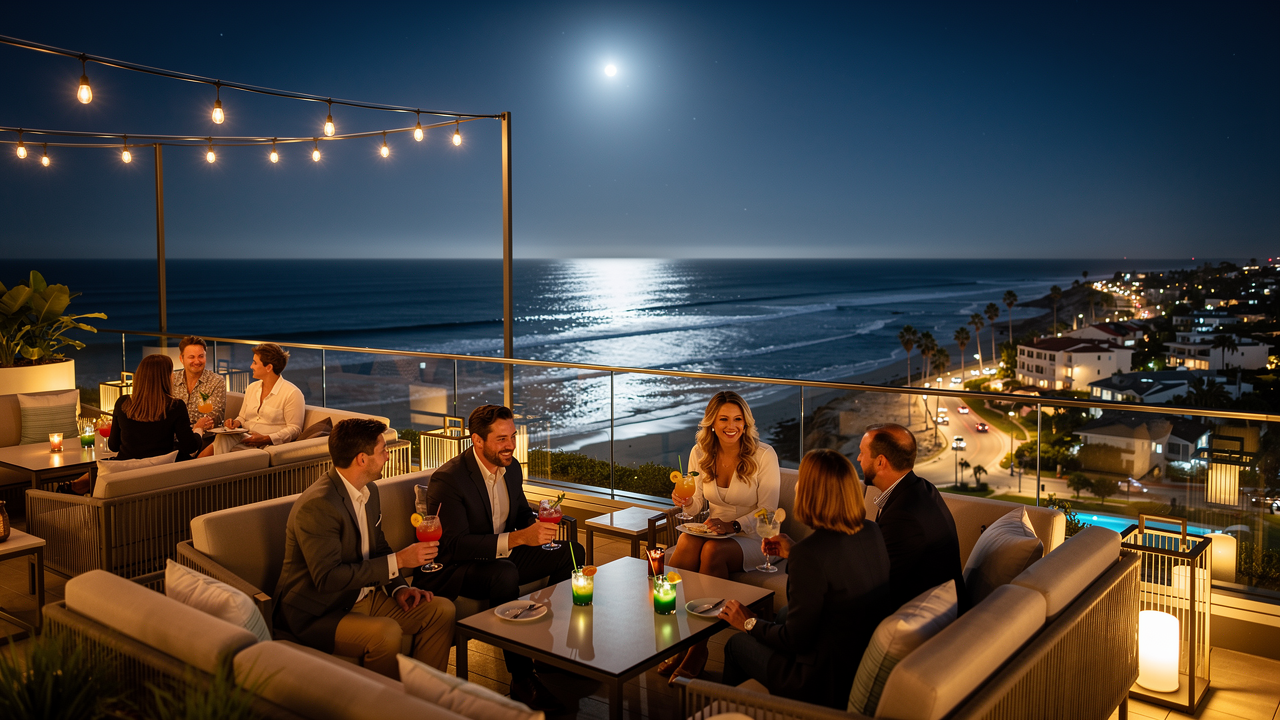 La Jolla boutique hotel rooftop bar near Gaslamp Quarter with Pacific Ocean views at night